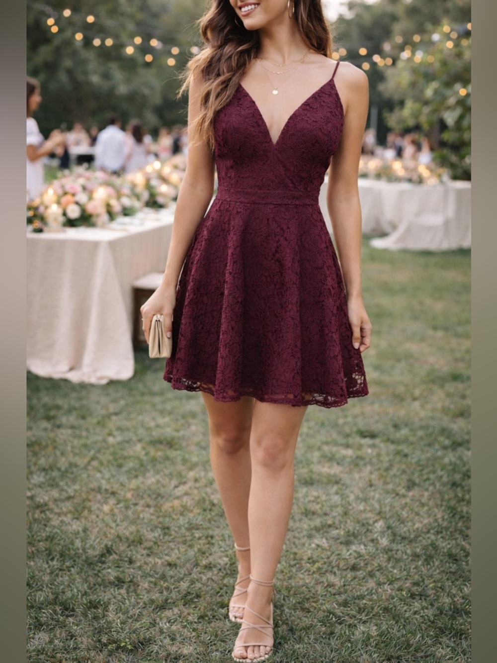 Windsor Burgundy Lace Mini Dress – Open Back, Spaghetti Strap, Fit & Flare (M)